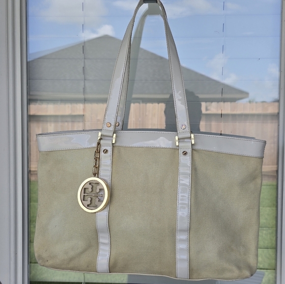 Tory Burch Jane Beige Canvas Leather Purse Tote Handbag Satchel Tan White Logo - Picture 3 of 16